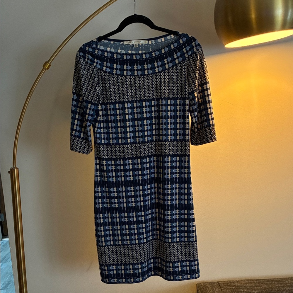 Max Studio Navy and White Geometric Midi Dress